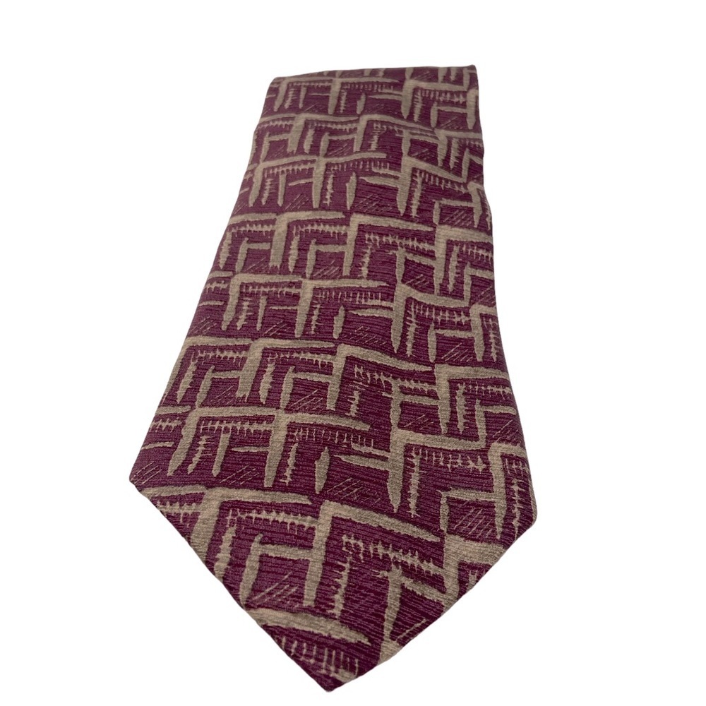 Calvin Klein Men’s Necktie Burgundy with Ashy Tan Abstract Design.